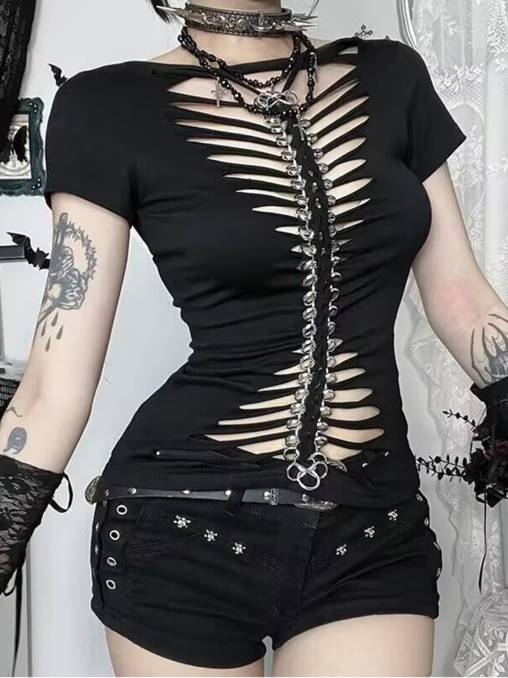 Black Cutout Gothic Slim Fit Tee - Unbranded